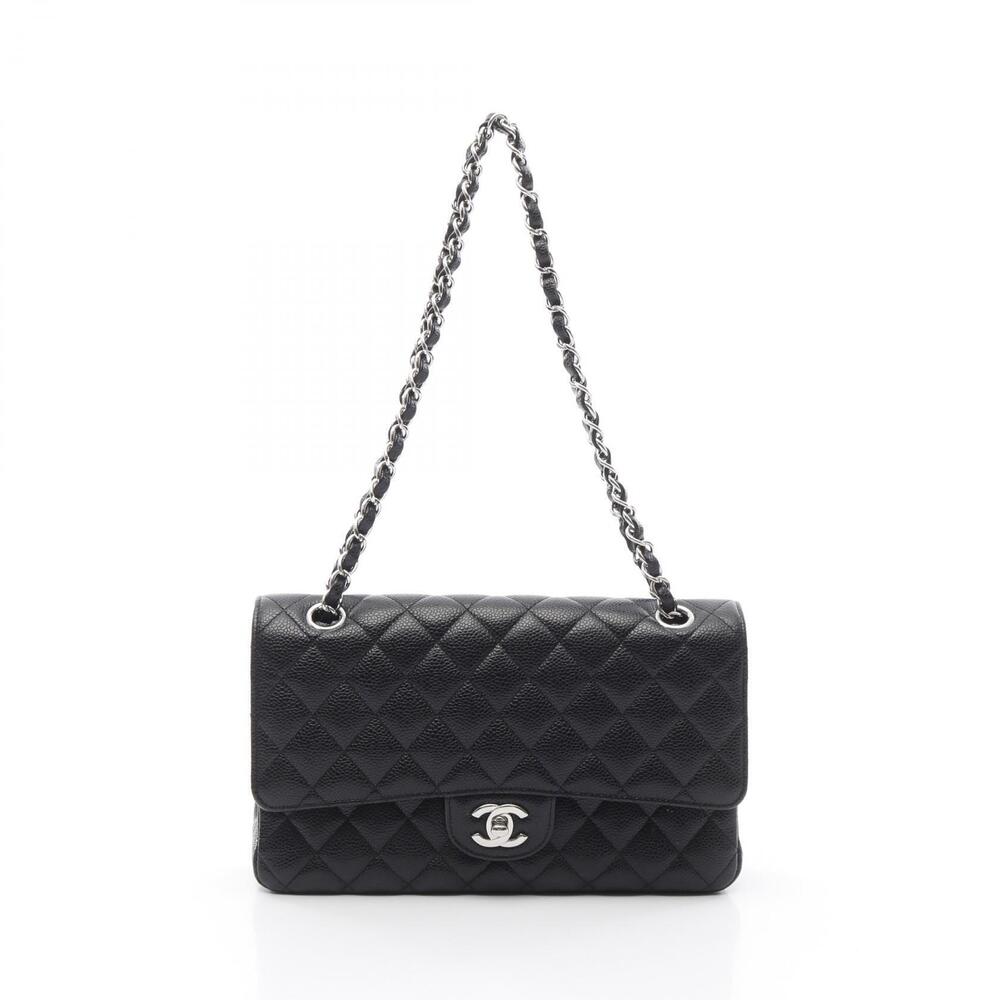 Chanel Matelasse Double Flap Shoulder Bag Leather Grained Calfskin Black